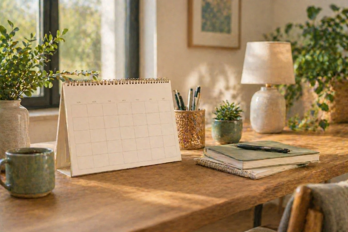A cozy, well-lit desk with notebooks, pens, and potted plants, set near a window with sunlight streaming in.