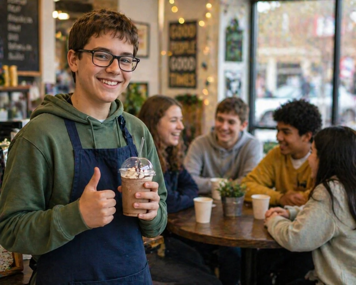 A smiling young man with glasses and a green hoodie giving a thumbs-up while holding a chocolate frappuccino at a coffee shop. In the background, four friends are seated at a round table, chatting and laughing.