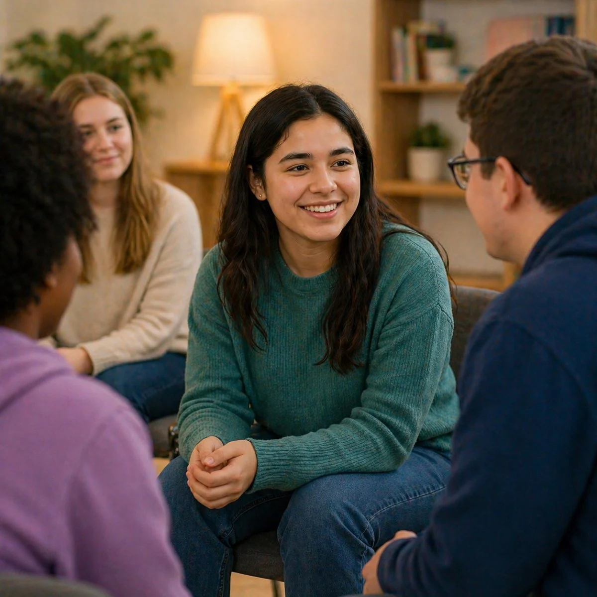 Group of four young people sitting together in a cozy room, engaged in conversation, with warm lighting and bookshelves in the background.