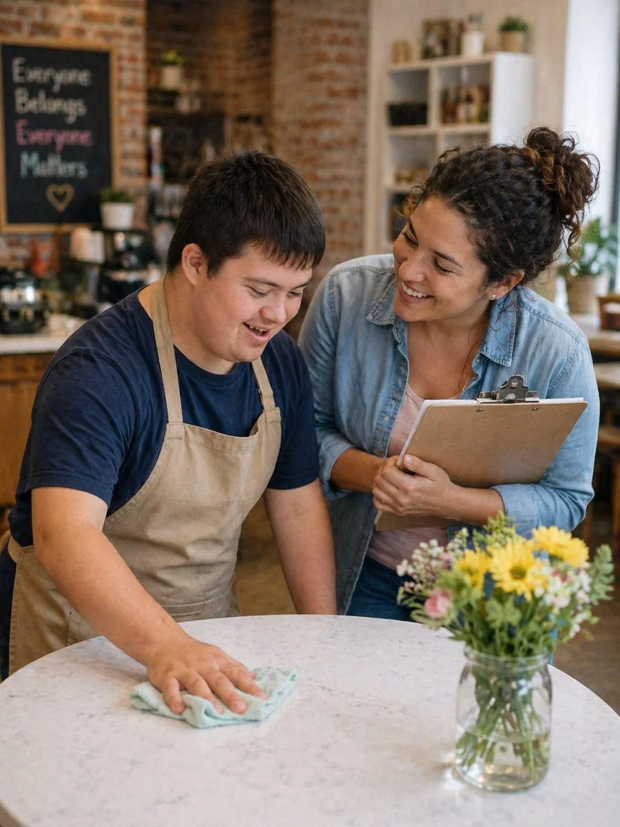 A woman is smiling and observing a young man cleaning a table in a cozy cafe or bakery, with a chalkboard and shelves in the background. A flower arrangement is on the table.