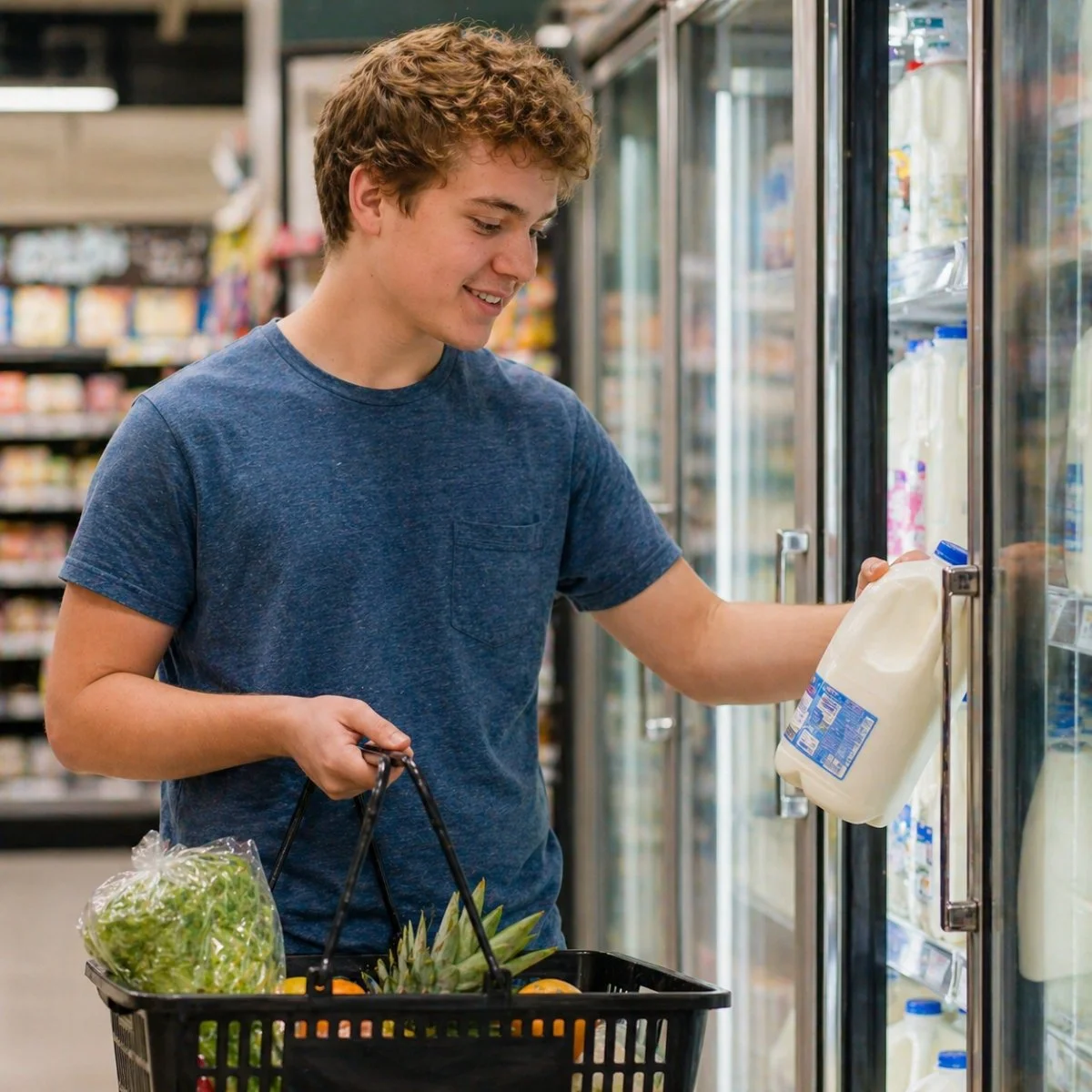 A young man shopping for groceries, holding a black basket with lettuce, pineapple, and oranges, while selecting milk from a refrigerated section in a grocery store.