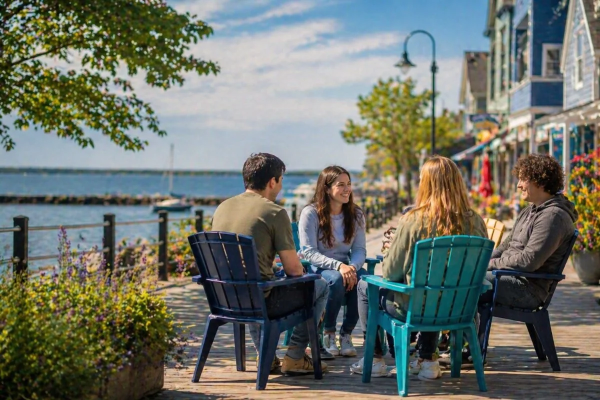 Four people sitting on outdoor chairs by the water, engaging in conversation and smiling, on a sunny day with colorful flowers and buildings in the background.