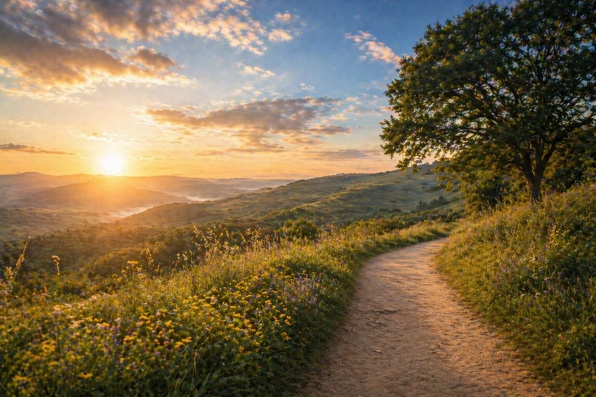 Sunset over a winding dirt path through rolling hills and wildflowers, with a large tree on the right side and a partly cloudy sky.