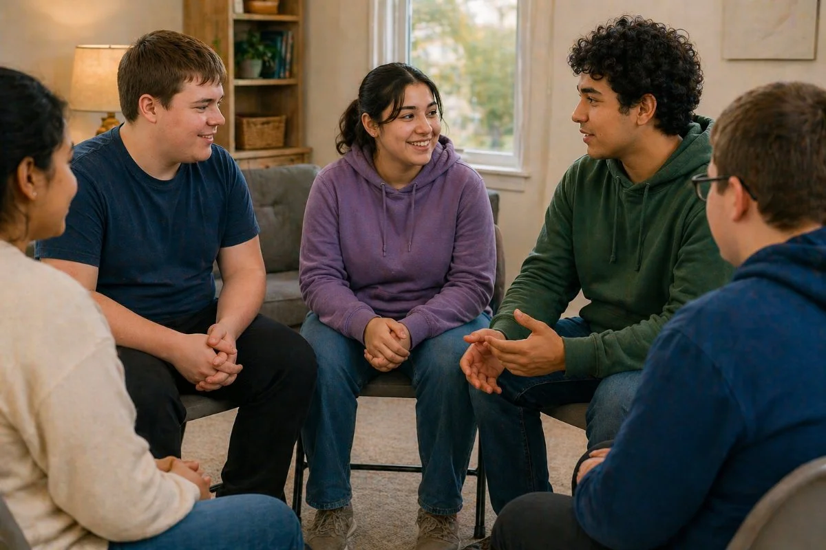 Group of five young people sitting in a circle and having a conversation in a cozy living room with a window and a bookshelf in the background.