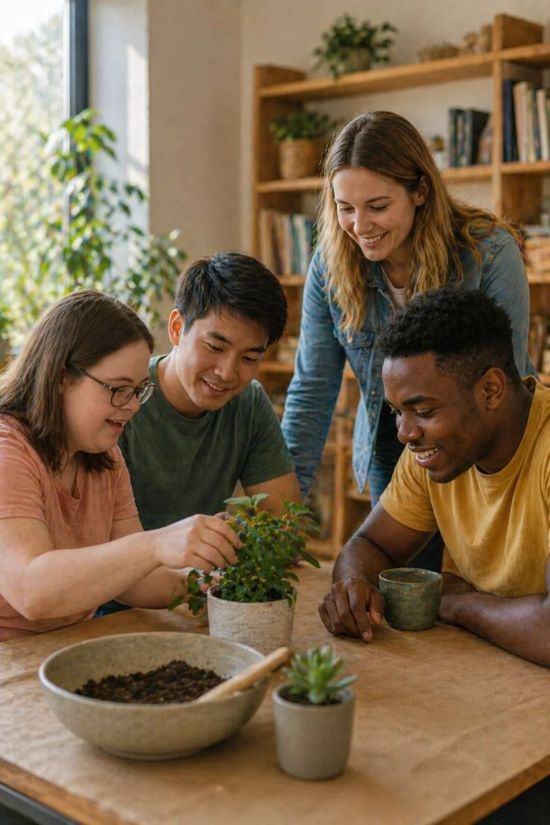 A group of four people, two women and two men, gathered around a table with plants, soil, and gardening tools, enjoying a gardening activity together indoors.