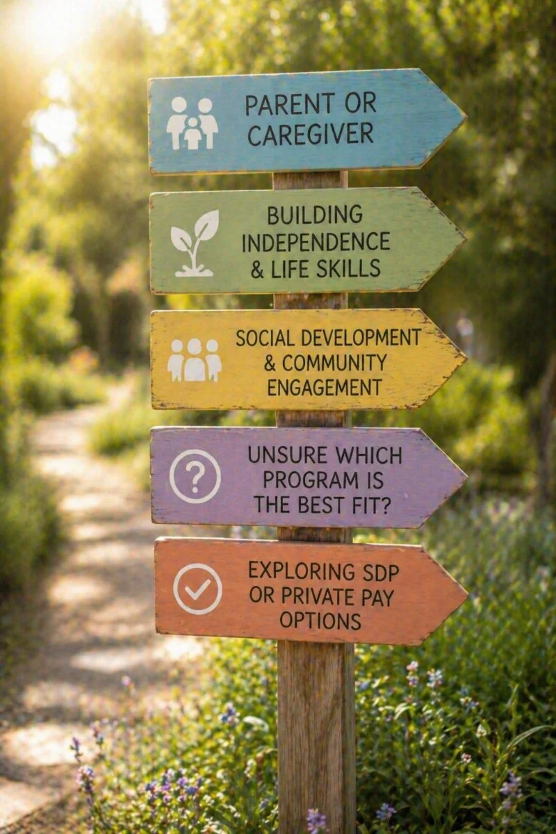 Colorful wooden directional signs with multiple options and icons, pointing in different directions, set outdoors on a path with greenery and purple flowers.