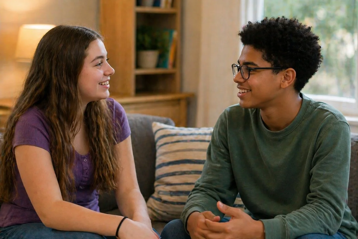 A young woman and a young man sitting on a couch, smiling and looking at each other, in a cozy living room.