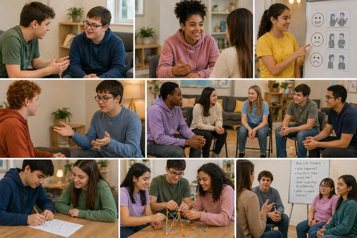 Multiple groups of young people participating in various group activities and discussions in a classroom or therapy setting.
