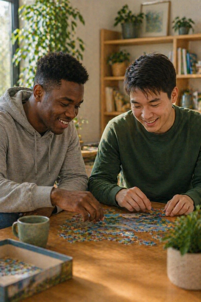 Two young men working together on a puzzle at a wooden table in a cozy, well-lit room with houseplants and a bookshelf in the background.