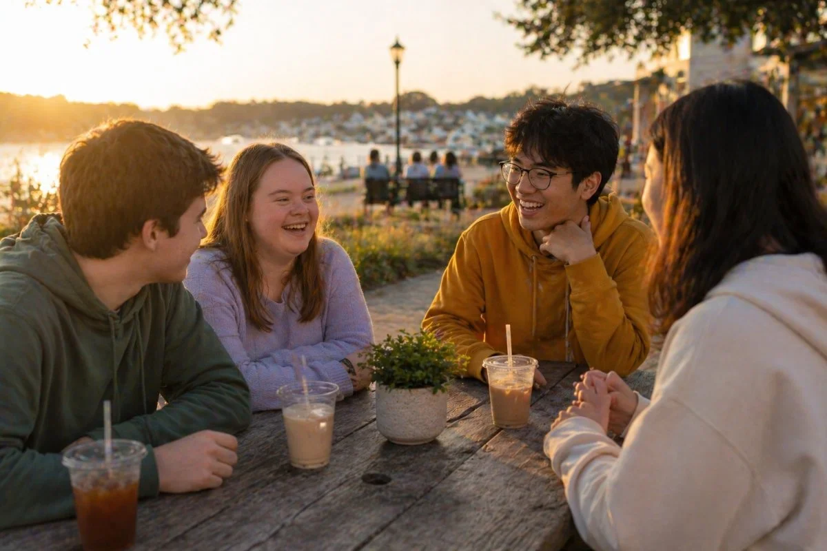 Four young friends sitting around a wooden table outdoors at sunset, smiling and chatting, with drinks and a potted plant on the table.