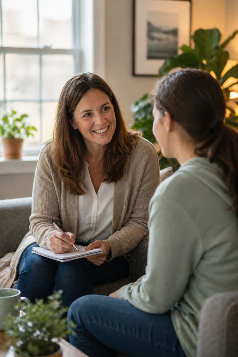 Two women having a conversation on a couch in a cozy, well-lit room.