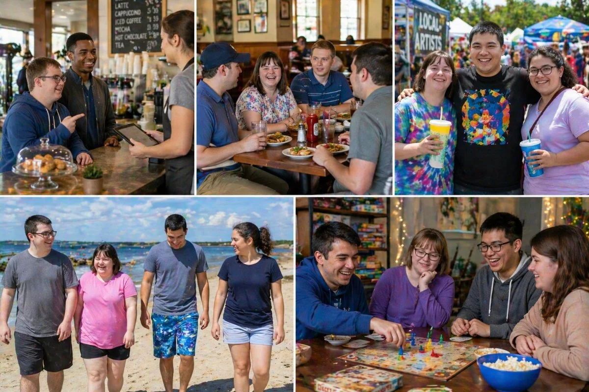 Collage of five photos showing groups of people enjoying various activities: ordering food at a cafe, dining at a restaurant, outdoor at a beach, and playing a board game indoors.