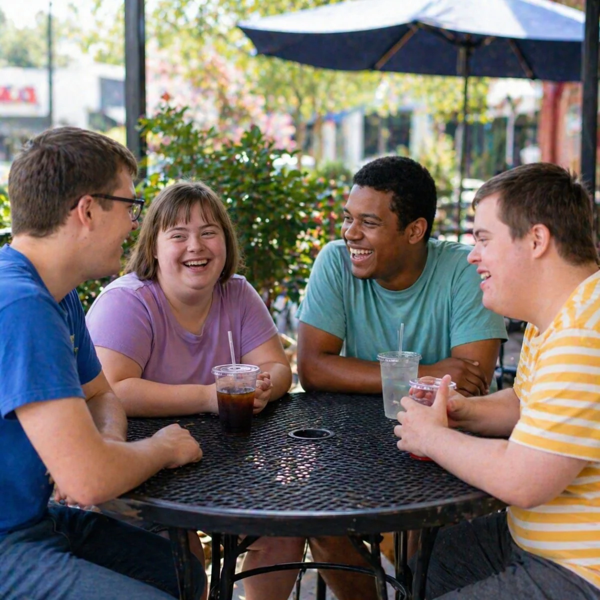 Four young adults sitting at a black outdoor table, smiling and laughing, with drinks in their hands, enjoying a sunny outdoor setting with a large umbrella and greenery.