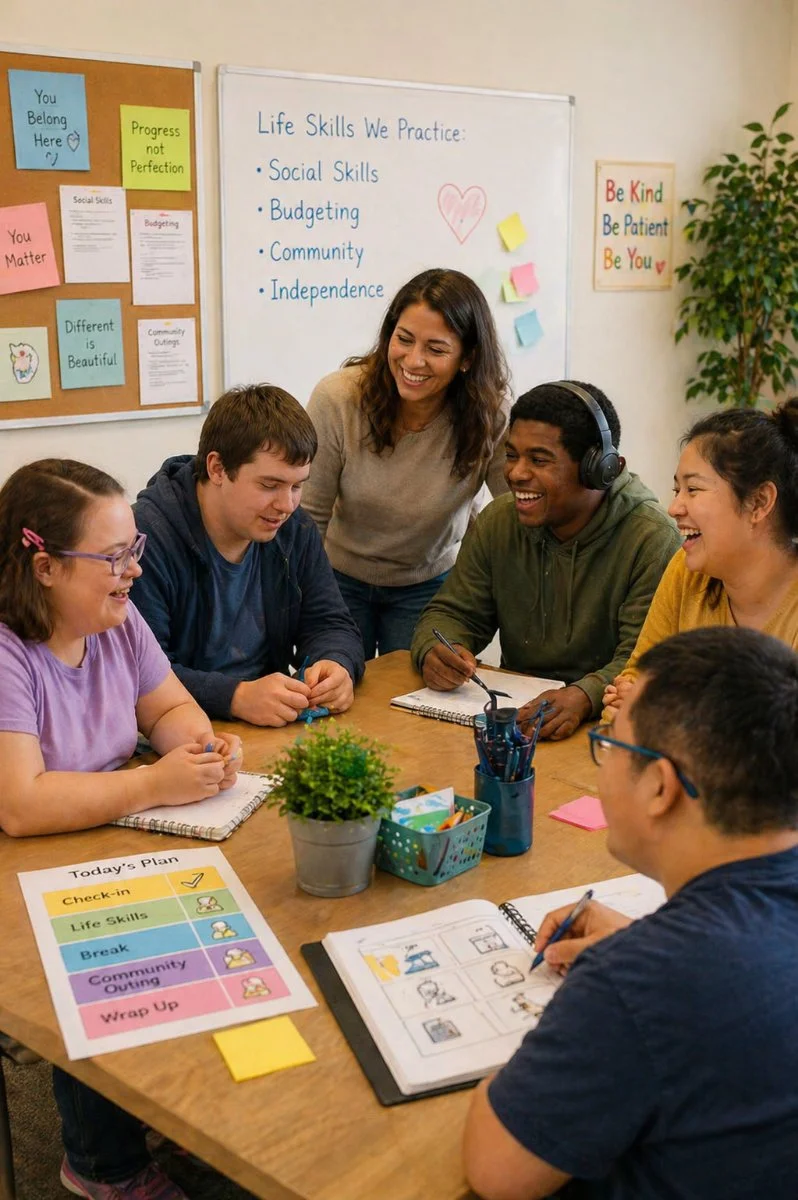 Group of diverse students sitting around a table engaged in a classroom activity, with a teacher standing behind them smiling. The classroom has educational posters on the walls, including one about life skills practice.