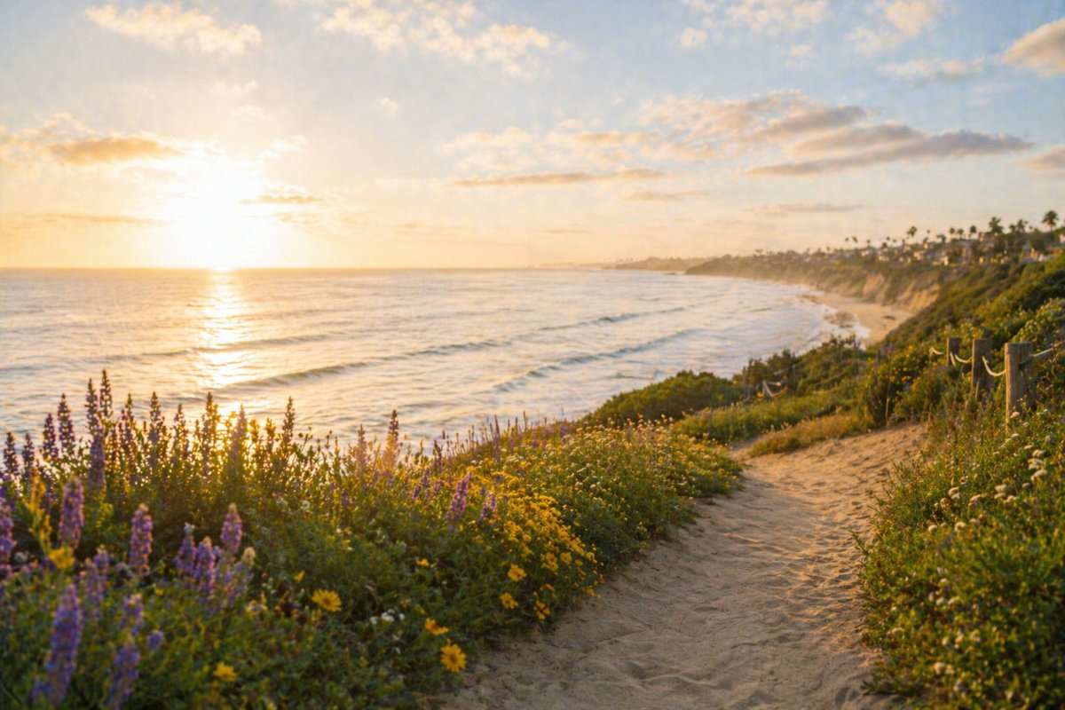 A scenic beach path lined with colorful flowers, overlooking the ocean during sunset with distant shoreline and houses on the horizon.