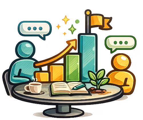 Illustration of two people talking at a table with a rising bar chart, a flag, a plant, a coffee cup, an open book, and a pen.
