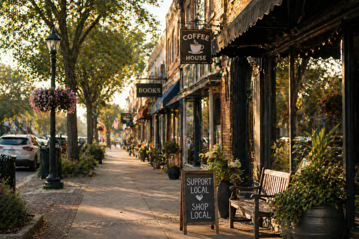 A cozy street scene with storefronts, a sidewalk with a bench and potted plants, a lamppost with hanging flower baskets, parked cars, and trees with autumn foliage. Signs indicate a coffee house, book shop, and support local shop message.