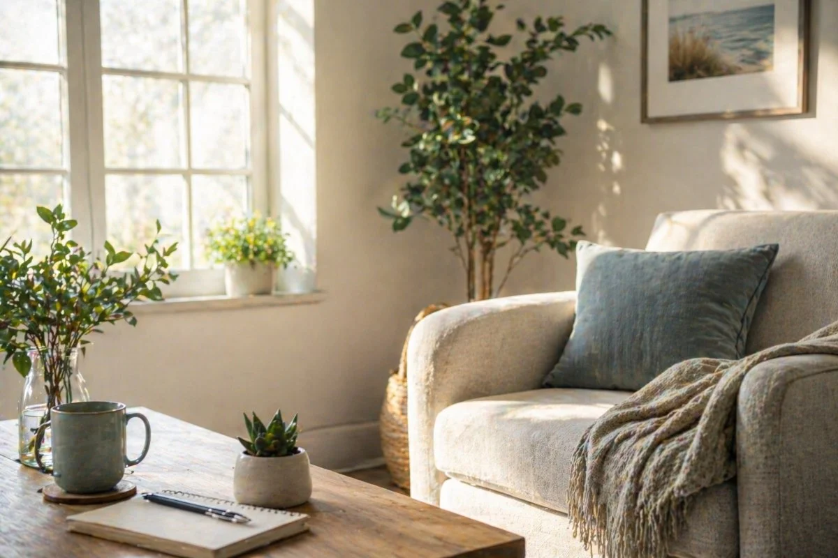 Bright living room with a beige sofa, blue pillow, patterned throw blanket, large window allowing natural sunlight, potted plants on the windowsill and around the room, a wooden coffee table with a notebook, pen, mug, and small potted plant, and wall art depicting nature.