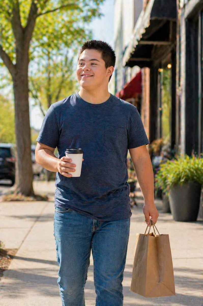 A young man walking outside on a sunny day, holding a coffee cup in one hand and a shopping bag in the other.