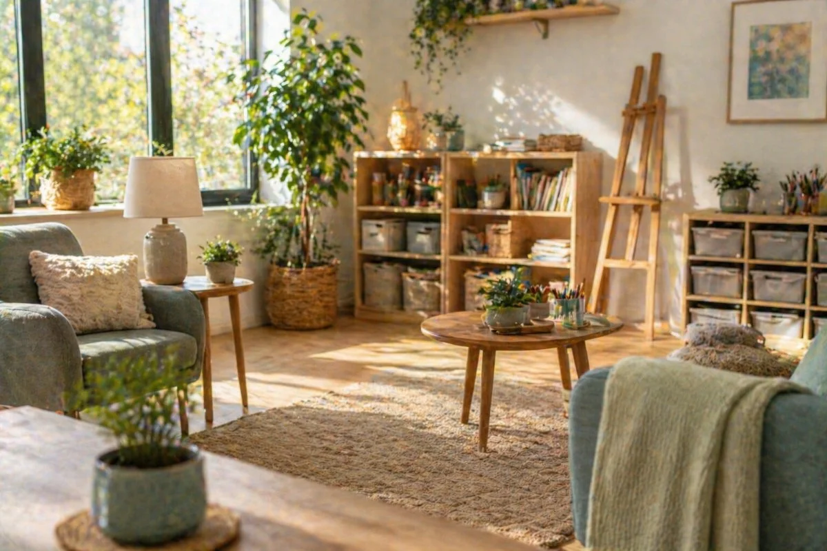 Cozy living room with large window, plants, bookshelves, a rug, and seating area with armchairs and a wooden coffee table.