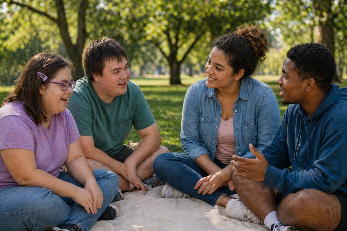 A group of five young people sitting together outdoors on a picnic blanket, smiling and talking, in a park with trees in the background.