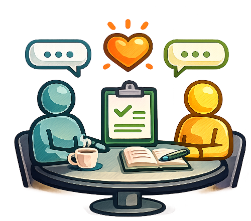 Two cartoon people sitting at a round table, talking with speech bubbles, having a meeting or chat, with a clipboard, notebook, and coffee. Heart and glowing icons above suggest a positive or loving interaction.