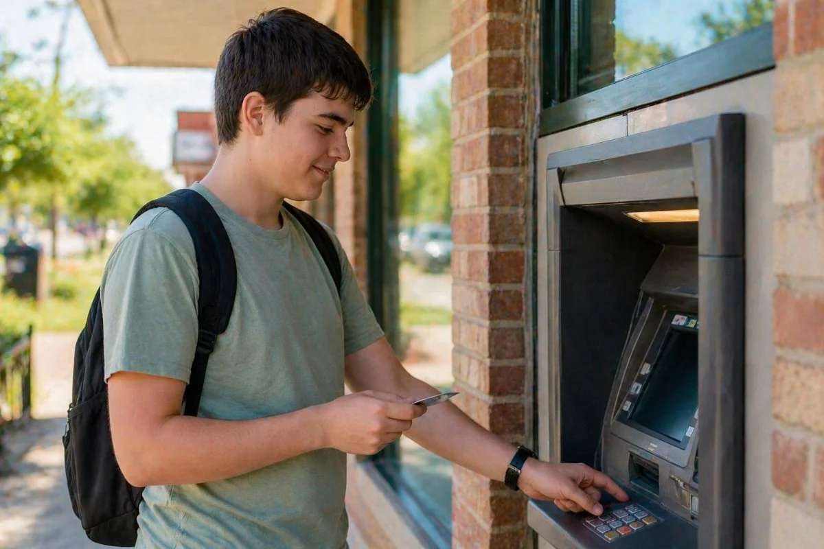 A teenage boy with a backpack using an outdoor ATMs to make a transaction, holding a card and pressing buttons.