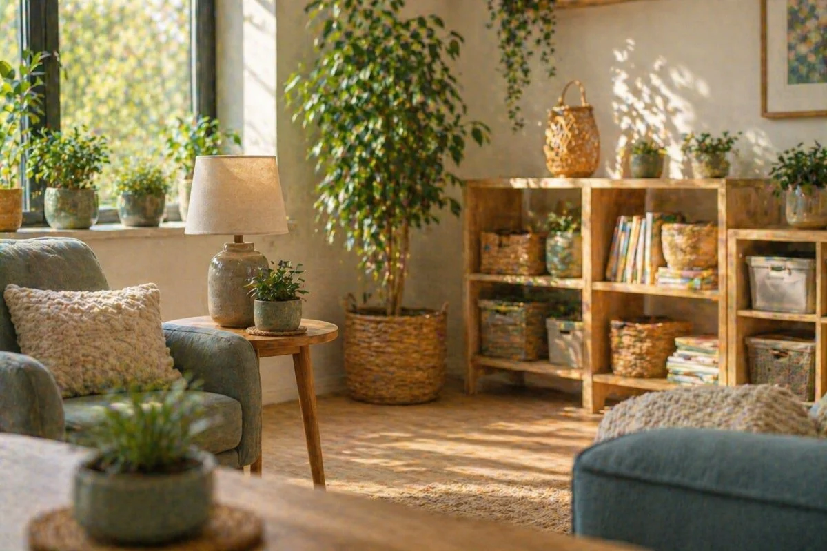 Cozy living room with sunlight streaming through the window, decorated with green potted plants, a beige lamp, a bookshelf with baskets and books, and comfortable seating with textured pillows.
