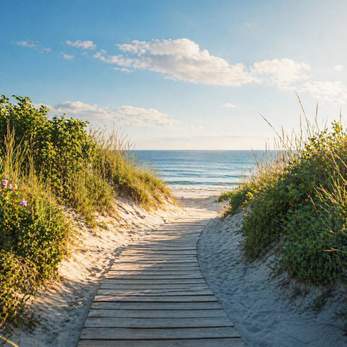 A wooden pathway leading through sandy dunes with green bushes towards the ocean on a sunny day with a partly cloudy sky.