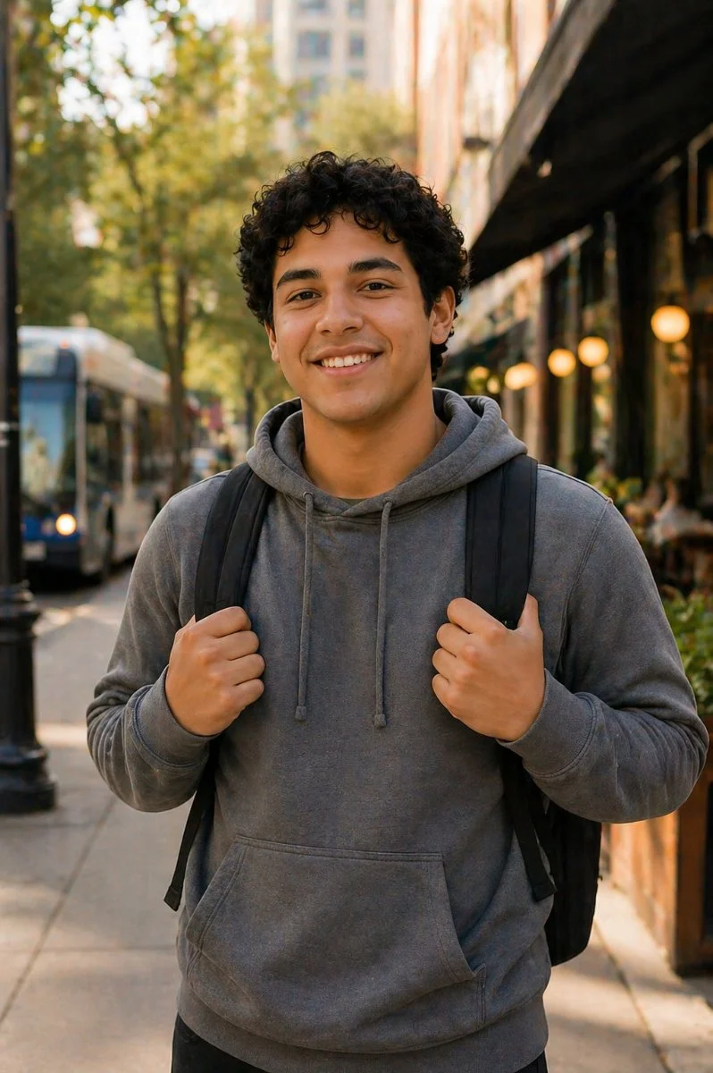 A young man with curly hair smiling and carrying a backpack on a city sidewalk during daytime.