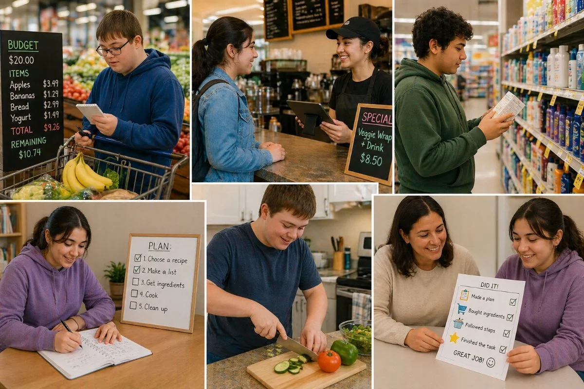 Collage of people engaged in shopping, cooking, and planning activities. A person shopping with a cart and a list, two women at a coffee shop chatting with a cashier, a young man chopping vegetables in the kitchen, a girl writing a recipe plan, and another girl showing a completed task checklist with smiles.
