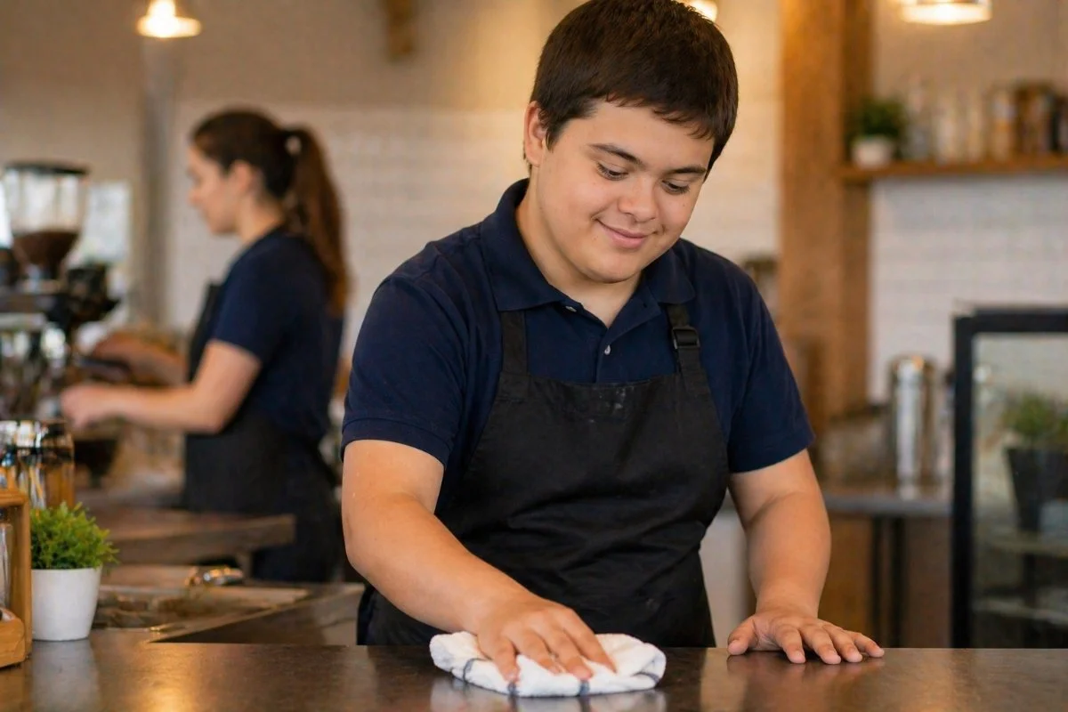 A young man wearing a navy blue shirt and black apron is wiping a dark brown countertop with a white cloth in a cafe or coffee shop. In the background, a young woman with a ponytail, also wearing a navy blue shirt and black apron, is working at the counter. The cafe has warm lighting, white brick walls, and wooden shelves with plants and jars.