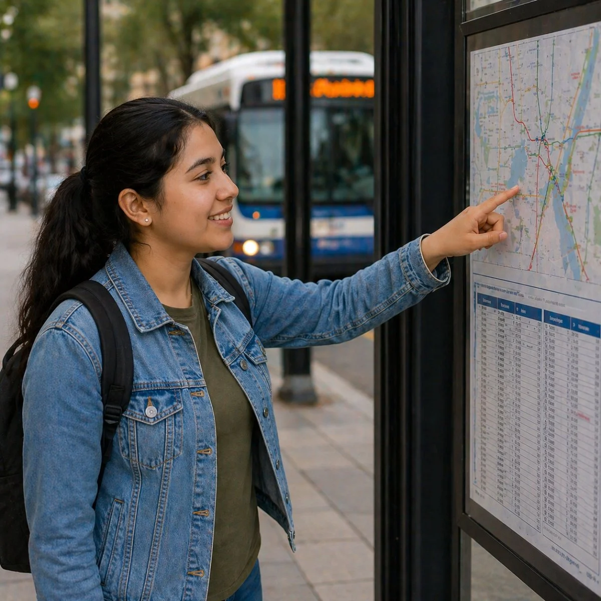 A young woman with dark hair tied back, wearing a denim jacket and a backpack, points at a bus transit map in a bus stop shelter, with a city bus driving by in the background.