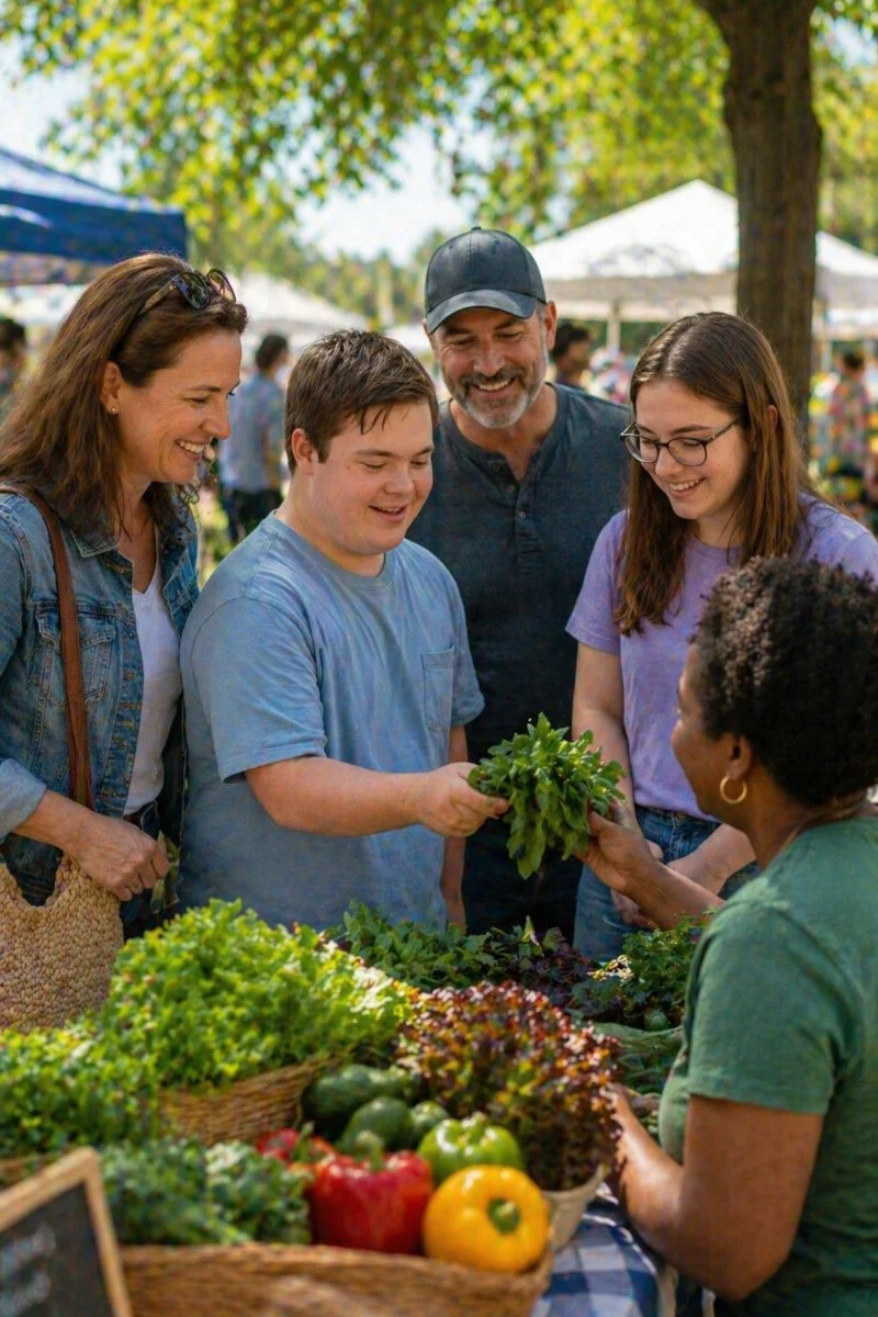 A group of four people shopping for fresh vegetables and greens at an outdoor market, smiling and looking at a leafy green in the vendor’s hand.