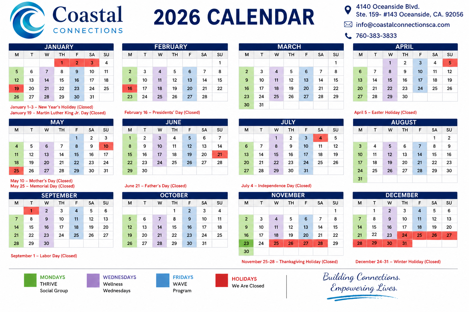 2026 calendar for Coastal Connections with marked holidays and program days. The calendar includes the year 2026 and lists holidays, with colors indicating days for THRIVE social group (green), Wellness Wednesdays (purple), WAVE program (blue), and holidays when the organization is closed (red). Contact information and a motto are at the top and bottom.