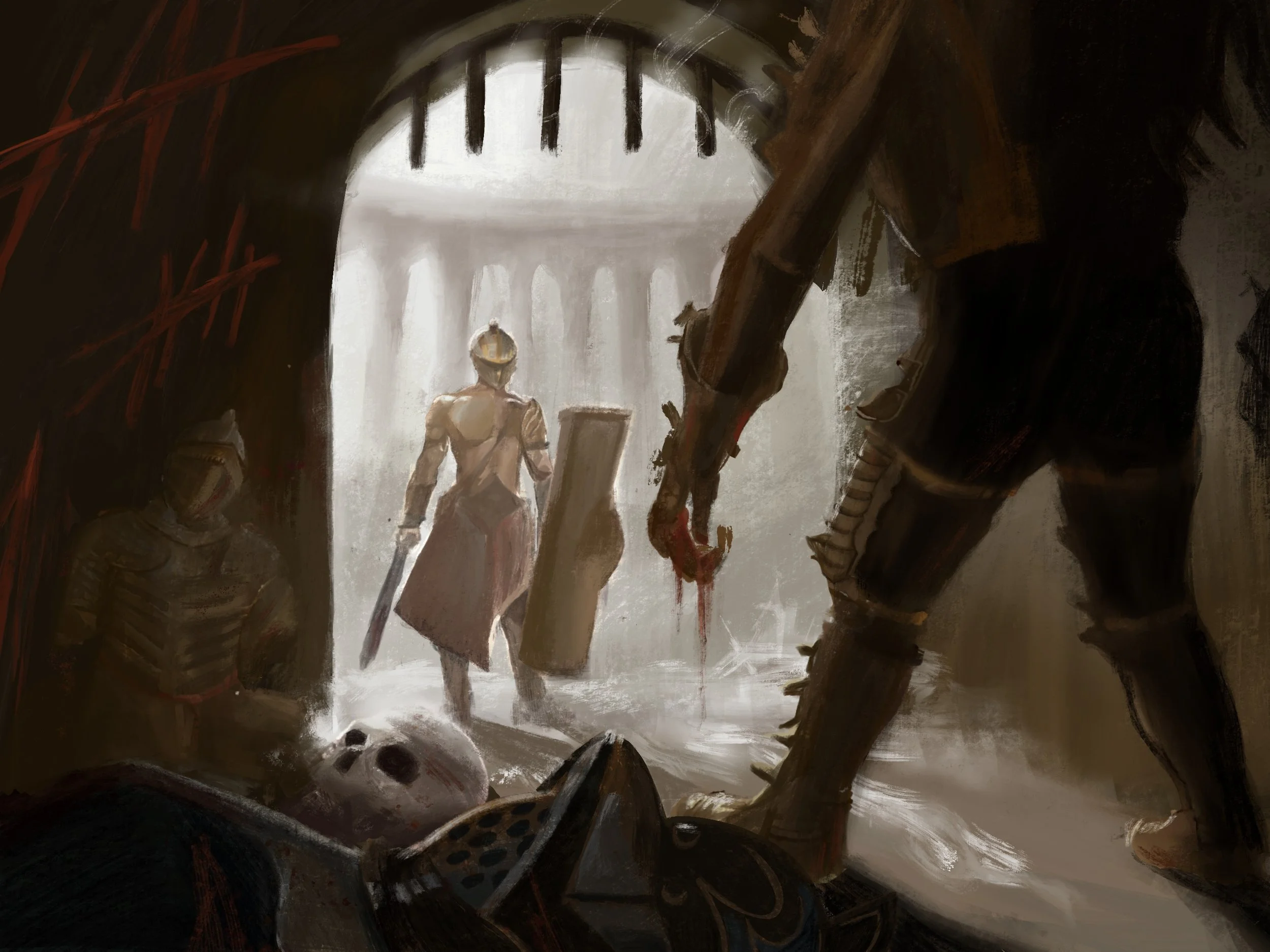 Artwork of a soldier walking away from a dog in a dark hallway with barred windows at the end, illuminated by light coming through the window.