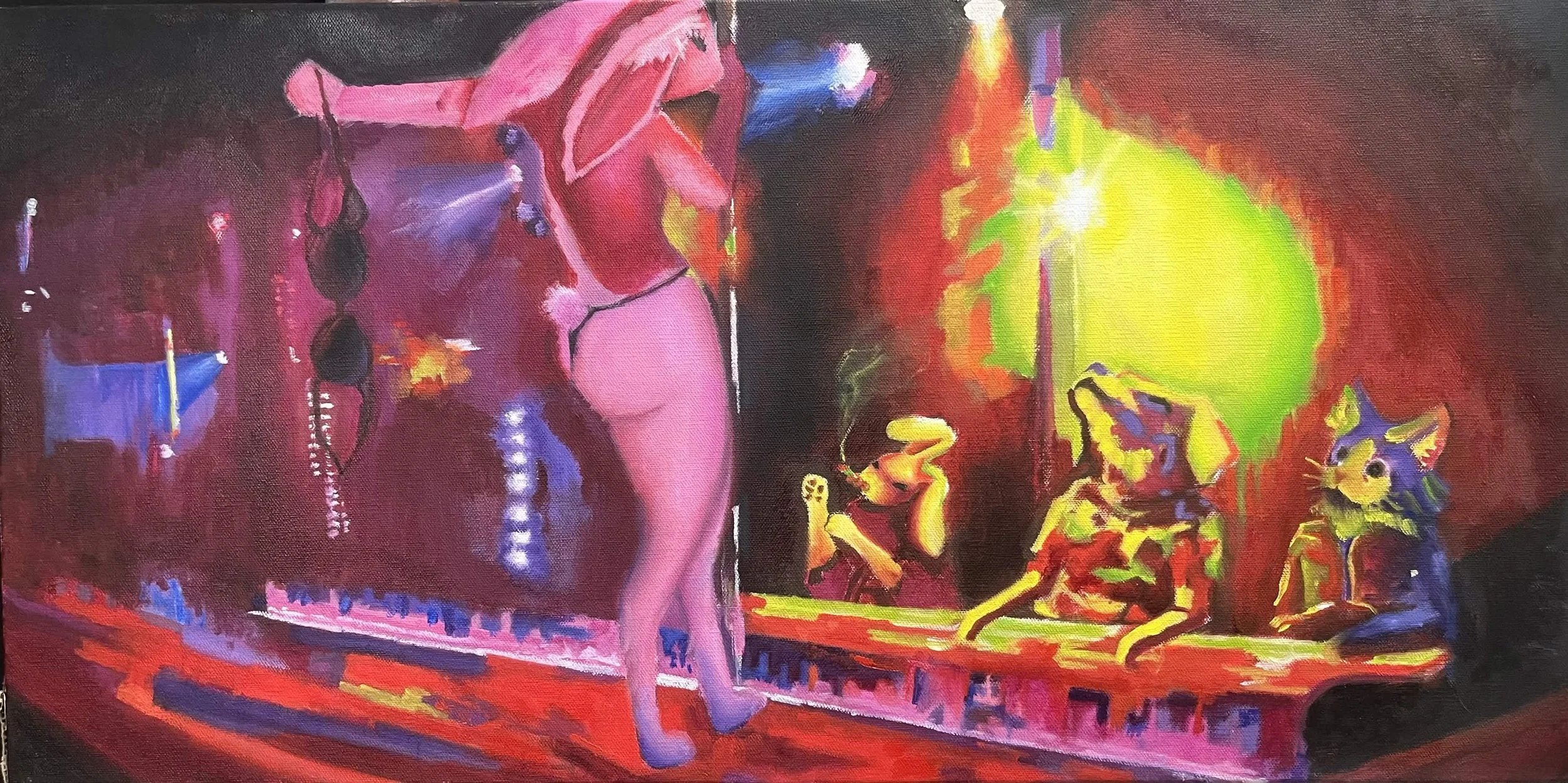 A colorful painting of a woman dancing in a pink dress on a stage with two cats sitting nearby. Bright colors and abstract background.