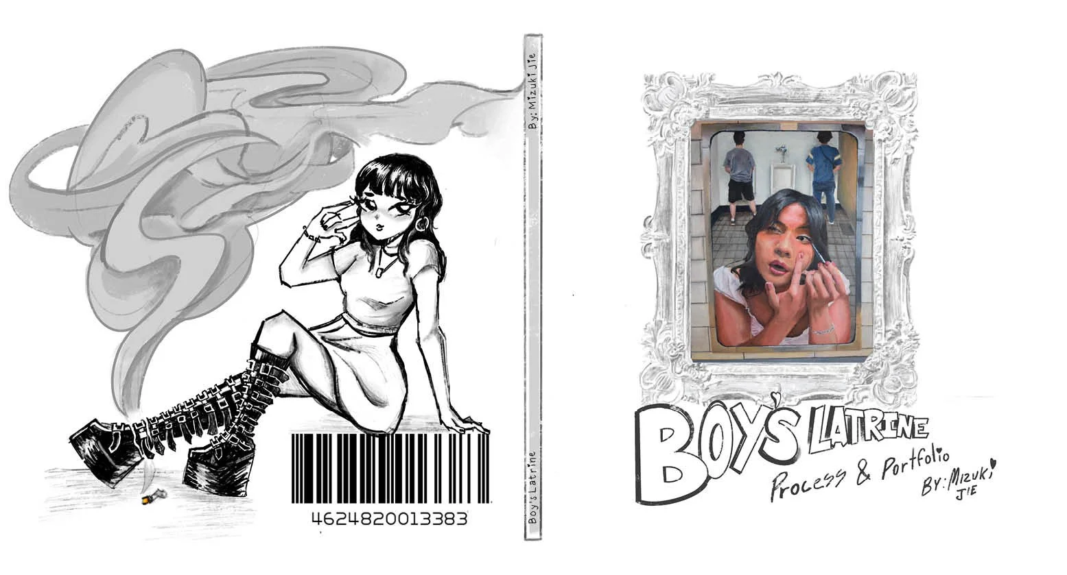 Book cover titled "Boys Liarine Process & Portfolio" with a black-and-white cartoon illustration of a girl sitting on a barcode, smoking, with smoke forming a cloud in the background, and a photograph of a woman applying makeup inside a decorative frame.