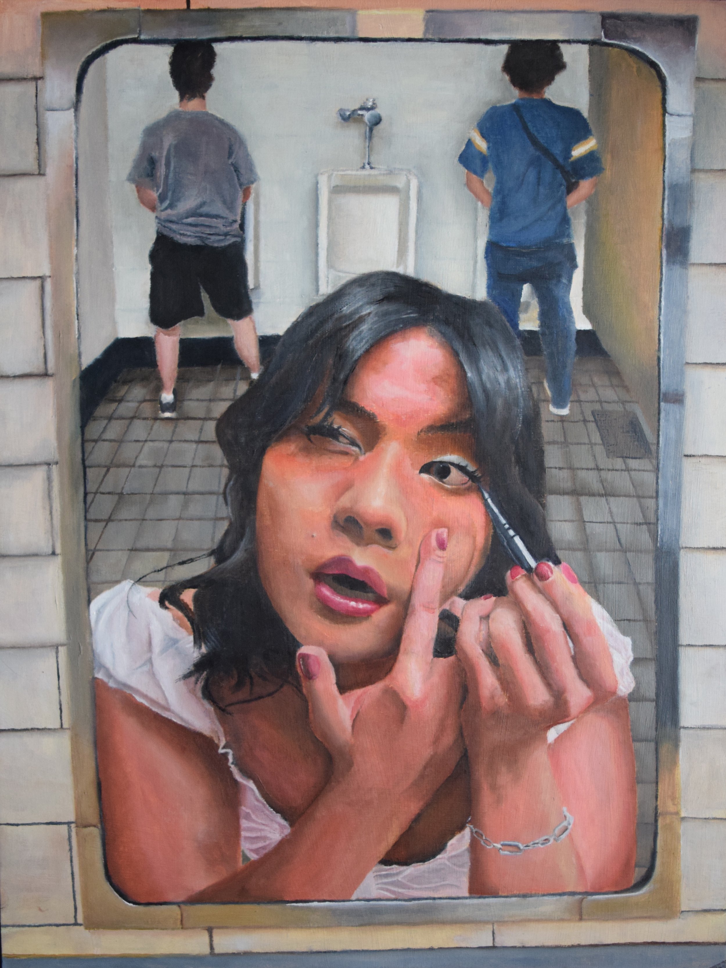A mural of a woman applying makeup with a small mirror, with two men in the background at a sink within a room painted onto a brick wall.