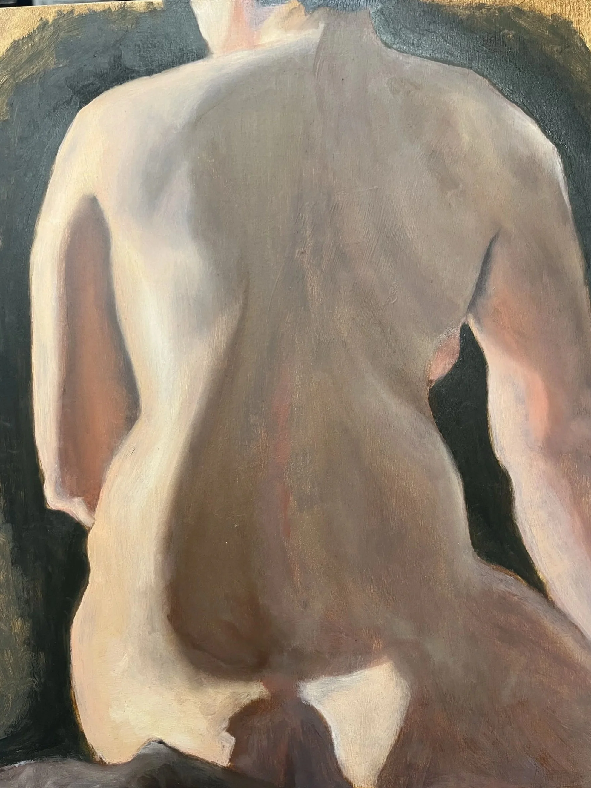 Close-up of a nude female torso, showing the back, shoulders, and part of the buttocks, painted in a realistic art style.