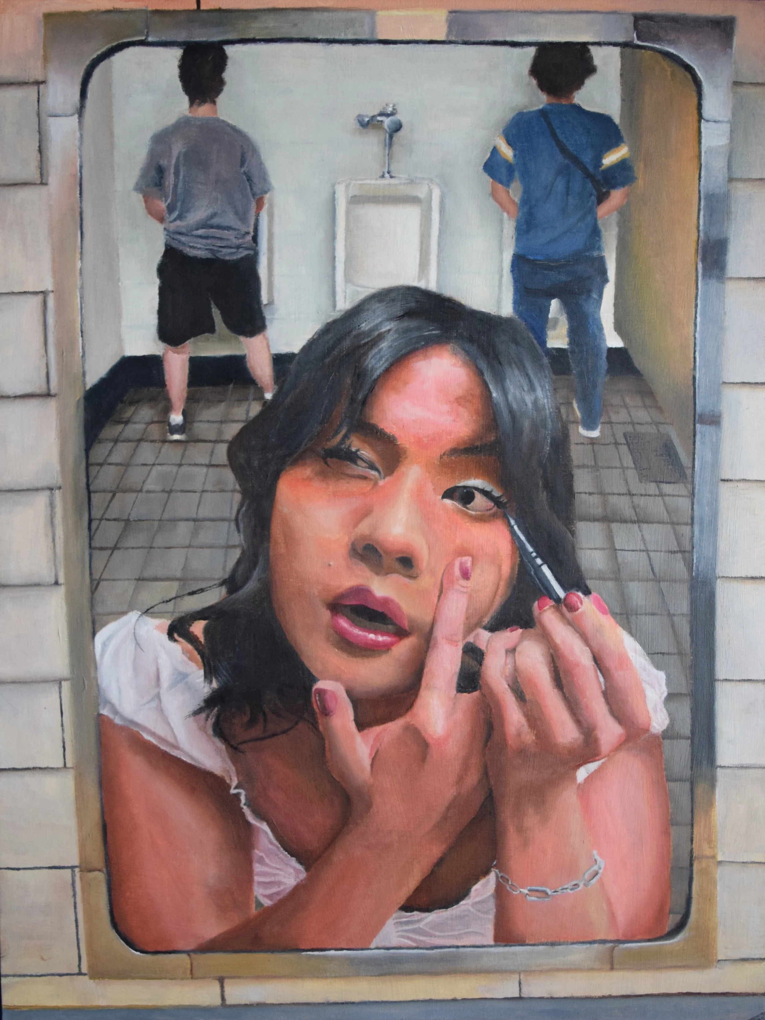 Painted mural of a woman applying makeup, with two people standing at a sink in the background.