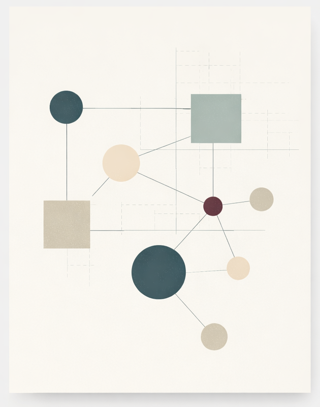 Abstraktes Diagramm mit Kreisen und Quadraten in verschiedenen Farben und Größen, verbunden durch Linien.