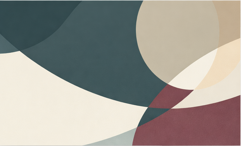 Abstraktes Kunstwerk mit großen, sich überlappenden Kreisen in gedeckten Farben wie Blau, Beige, Weiß und Rot.