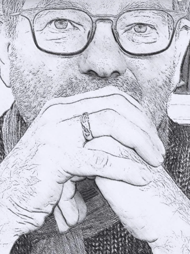 Schwarz-Weiß-Zeichnung von Ernst Brandt der die Hände vor seinem Gesicht hält und nachdenklich aussieht.