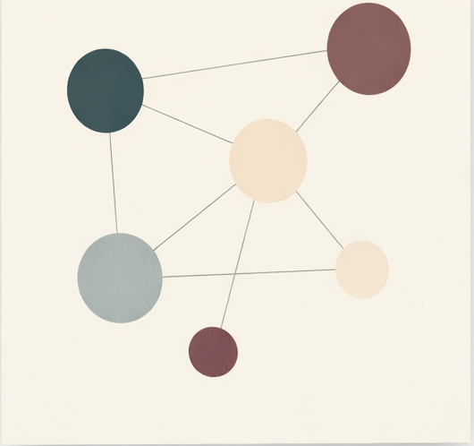 Diagramm mit sechs Kreisen in verschiedenen Farben, verbunden durch Linien.