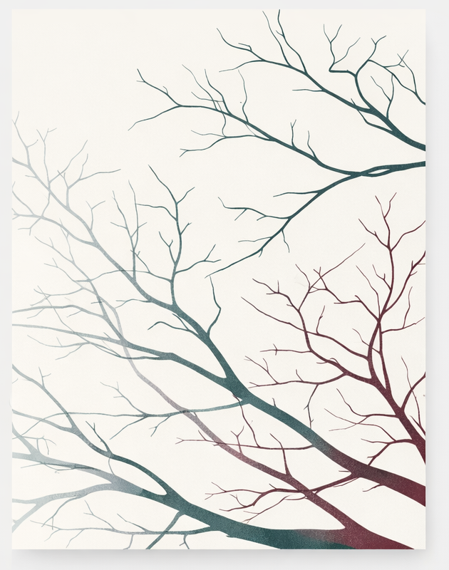 Druck von Baumzweigen ohne Blätter gegen einen hellen Hintergrund.