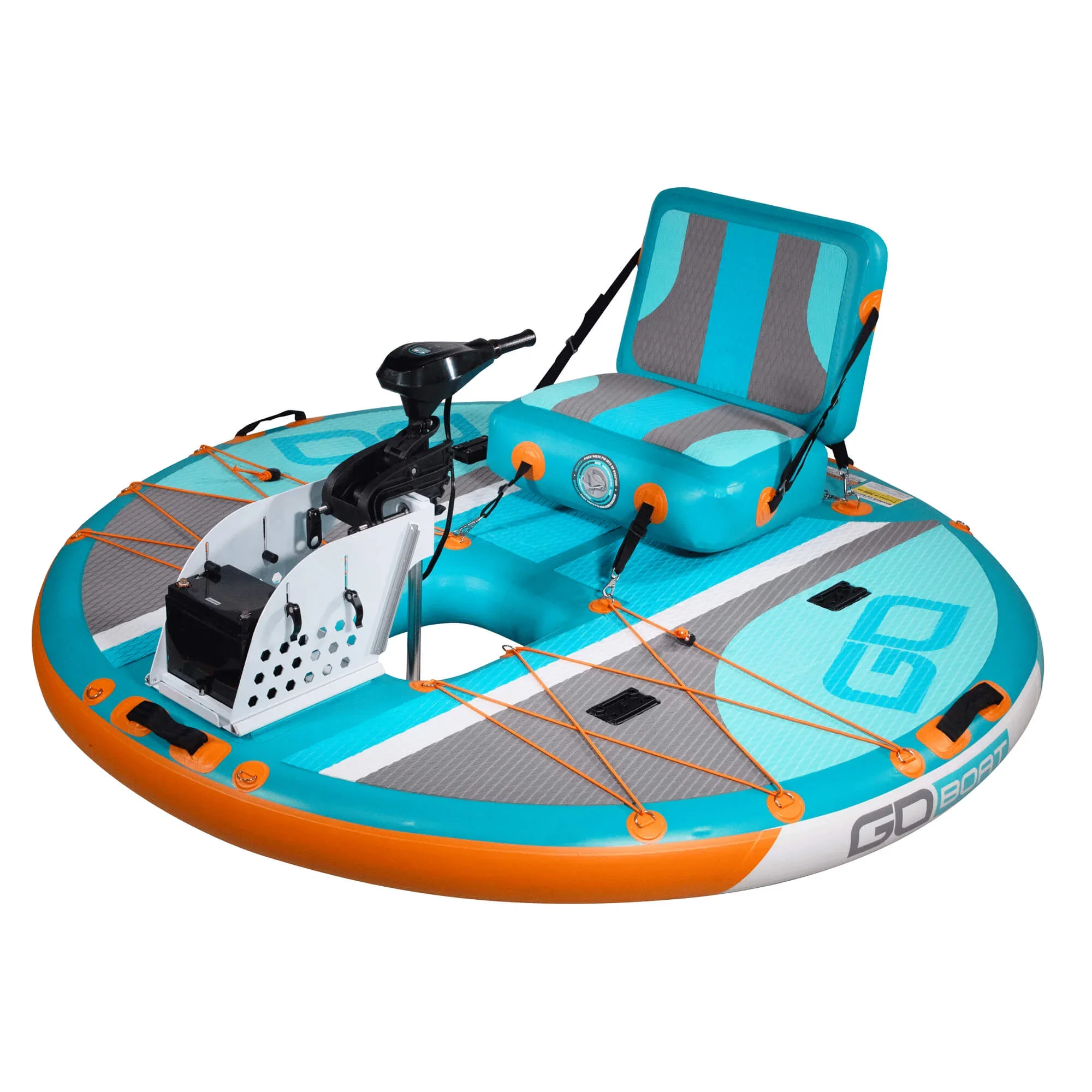 A blue inflatable boat with a mounted electric trolling motor and an adjustable seat, designed for fishing or recreational activities on water.
