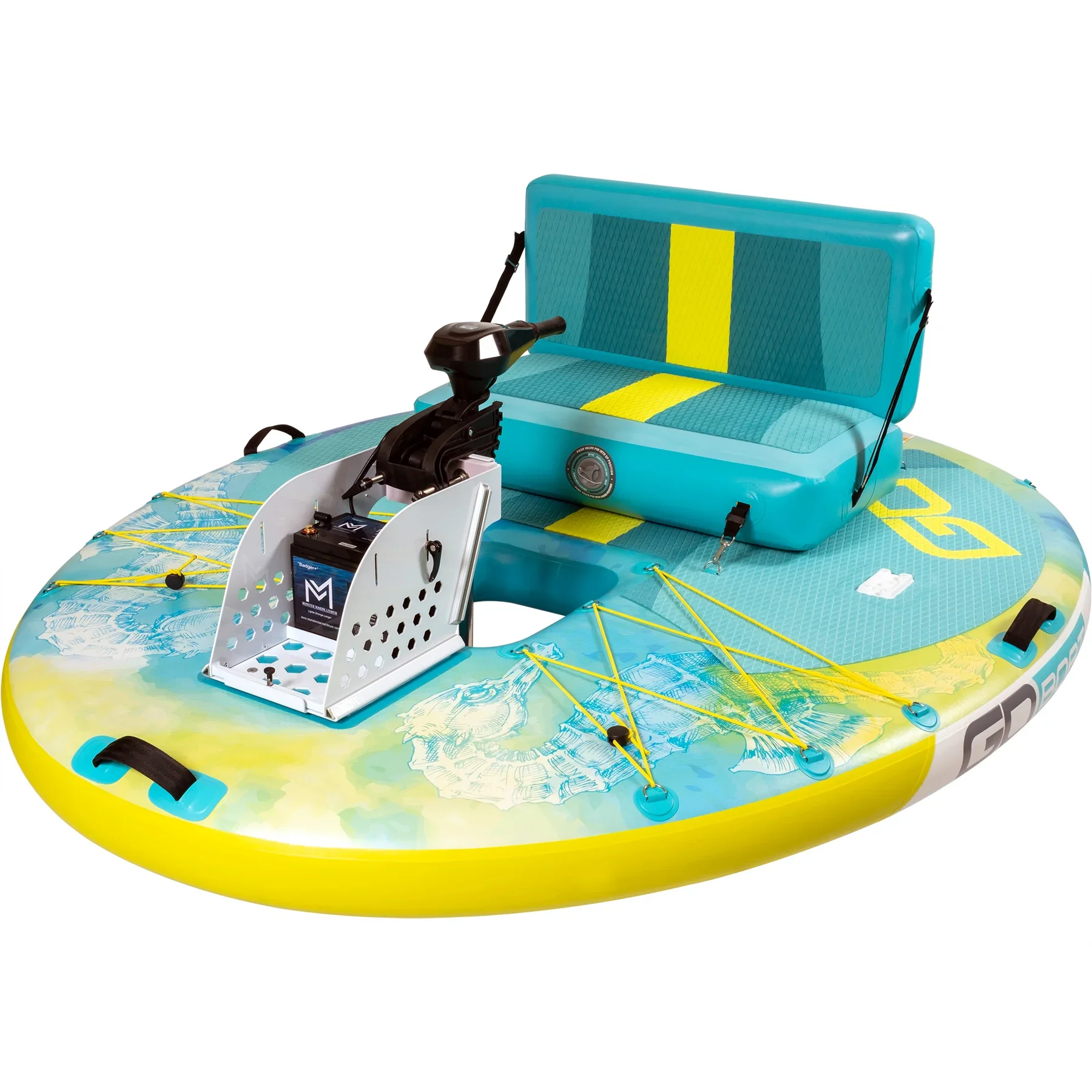 Inflatable paddleboard with yellow and light blue design, a cushioned backrest, a control handle, and steering controls, equipped for water sport adventures.