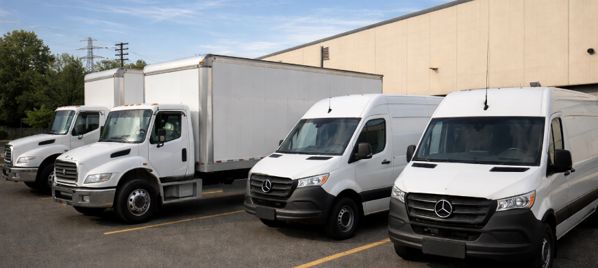 A row of four white commercial delivery vans parked in a lot.
