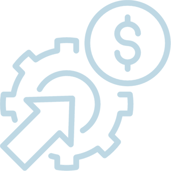 Icon of a gear, a dollar sign inside a circle, and a computer cursor arrow pointing towards the gear.